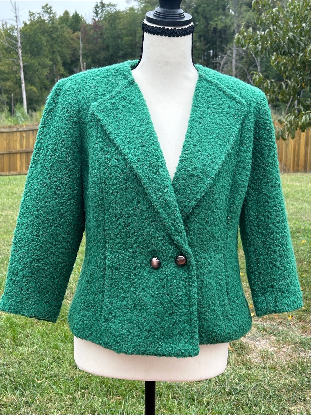 CAbi Emerald Green Bouclé Double-Button Blazer